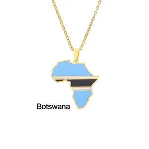 Detail of gold Botswana map pendant with blue enamel flag colors on thin chain