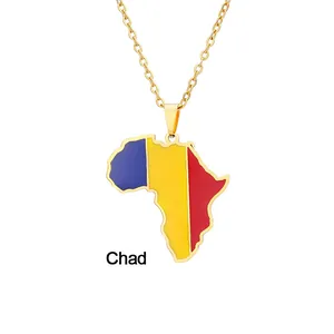 Detail of gold Chad map pendant featuring vibrant blue, yellow and red flag drip oil design