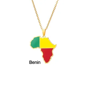 Detail of Benin map pendant necklace with green yellow red enamel in gold stainless steel