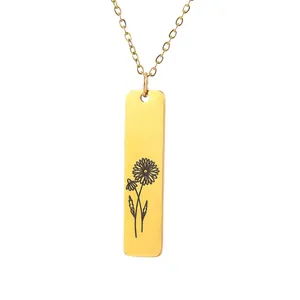 Gold rectangular stainless steel pendant necklace with delicate daisy flower engraving