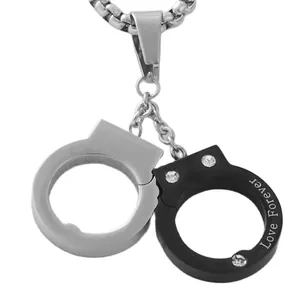Punk style stainless steel interlocking handcuffs necklace with Love Forever engraving