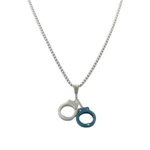 Detail of silver and blue interlocking handcuffs pendant with Love Forever engraving