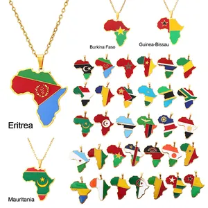 Stainless Steel Africa Map National Flag Pendant Necklace Gold Plated Enamel Ethnic Cultural Jewelry For Men Women Daily Neckwear