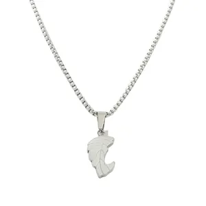 Macro shot of silver stainless steel leaf pendant with engraved text and box chain link