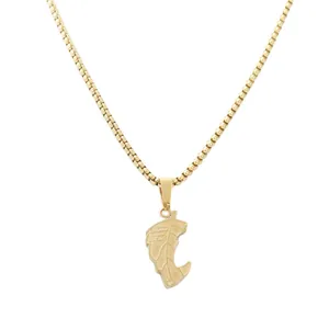 Detail of gold box chain and engraved leaf pendant with elegant cursive text