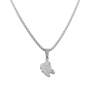 Detail of silver leaf pendant on box chain with relief texture and crystal accents