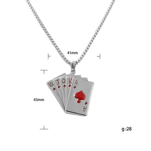Punk royal flush poker pendant necklace in stainless steel with red spade ace detail
