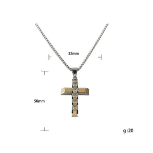 Pendente a croce bicolore in acciaio inossidabile stile punk con zirconi, 32x50mm