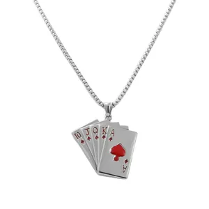 Punk royal flush poker pendant necklace in silver stainless steel with red and black details