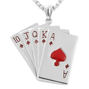 Vintage Stainless Steel Poker Royal Flush Pendant Necklace Men Punk Hip Hop Spade Poker Cards Box Chain Jewelry Gift