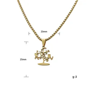 Golden stainless steel tree of life necklace with birds and small white crystals