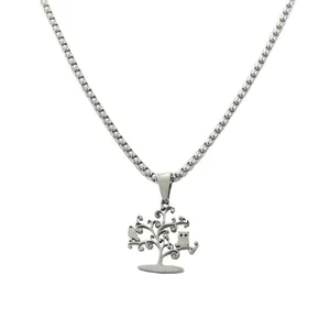 Macro detail of stainless steel life tree pendant with small owls and sparkling crystals