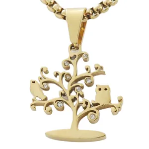 Vintage Stainless Steel Tree of Life Pendant Necklace For Men Women Gold Silver Plated Hollow Owl Bird Design Rhinestone Family Tree Jewelry