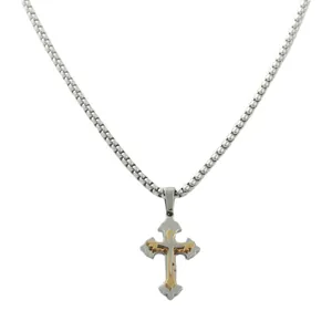 Detailansicht des zweilagigen Kreuzanhängers in Silber und Gold mit Flügeldesign und Kette