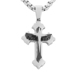 Mehrlagiger Edelstahl Kreuz Anhänger im Punk-Stil mit schwarzen Flügel-Elementen