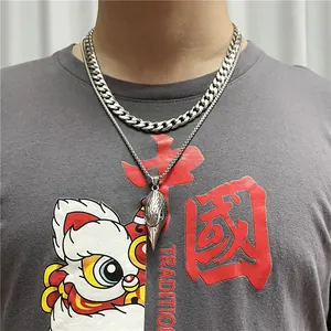 Men's titanium steel eagle head pendant necklace with double layered cuban link chains