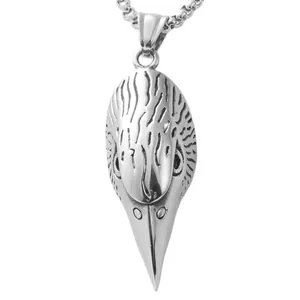 Close-up of gothic eagle skull pendant with textured silver finish on stainless chain