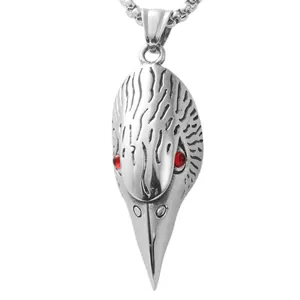 Punk eagle skull necklace in stainless steel with striking red crystal eyes and ball chain