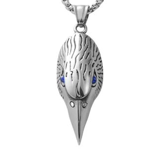 Retro punk titanium steel eagle skull pendant with blue eyes on a sturdy silver chain