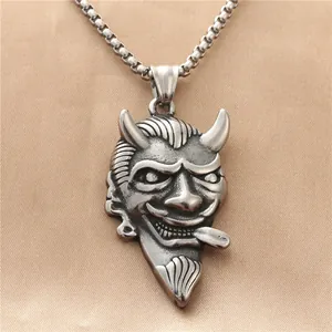 Vintage Punk Titanium Steel Ox Demon King Skull Pendant Necklace For Men Gothic Stainless Steel Devil Horn Pendant Jewelry Gift