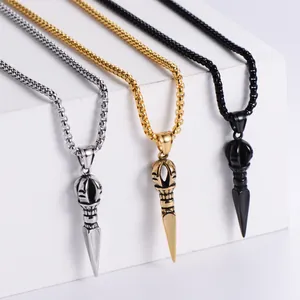 Vintage stainless steel vajra pestle necklaces in silver, gold, and matte black finishes