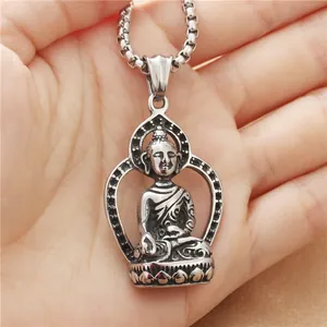 Punk style stainless steel Buddha pendant necklace for men with vintage silver finish