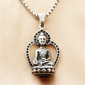 Vintage Stainless Steel Buddha Pendant Necklace For Men Retro Punk Religious Jewelry With Box Chain Silver Buddha Head Necklace