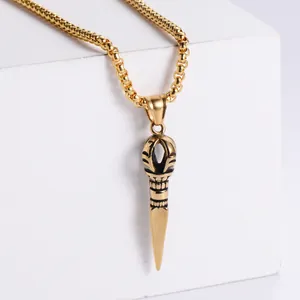 Punk style golden stainless steel vajra pestle pendant with vintage engraved box chain