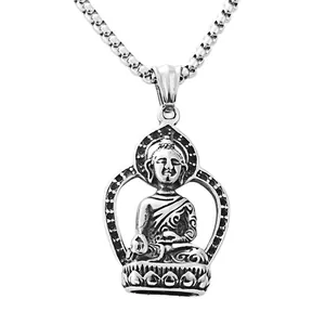 Vintage silver buddha pendant necklace in stainless steel with retro punk engraved details