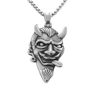 Retro stainless steel bull demon skull pendant with horns on a silver box chain necklace