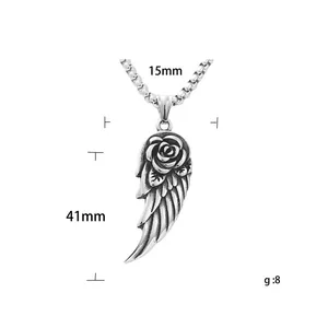 Pendentif en acier inoxydable plume et rose style punk avec dimensions 41mm x 15mm