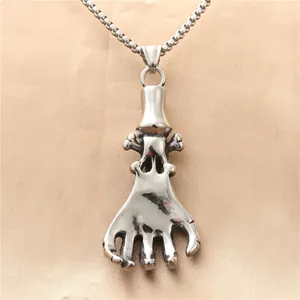 Punk skeleton claw pendant in polished stainless steel on box chain necklace