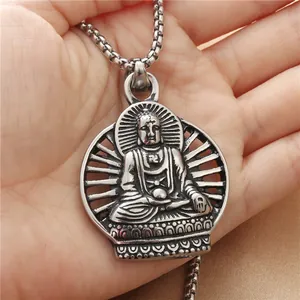 Retro stainless steel Buddha pendant with Buddhist symbol on a silver box chain