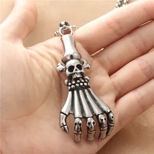 Gothic stainless steel skeleton hand claw pendant with skull details on box chain