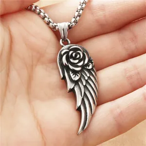 Pendentif plume en acier inoxydable avec rose et chaîne box pour homme style punk