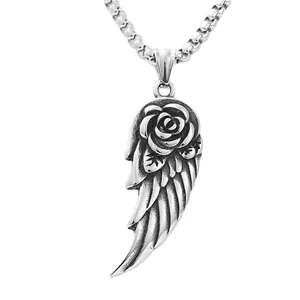 Collier vintage en acier inoxydable avec pendentif plume et rose et chaîne vénitienne