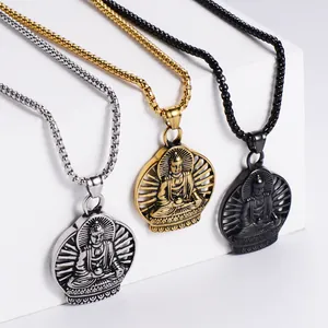 Detailed relief of Buddha pendants in silver, gold, and black stainless steel finish