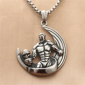 Collana con Pendente a Mezzaluna Uomo Muscoloso Sollevamento Pesi in Acciaio al Titanio Vintage per Uomo Fitness Gioielli Argentati