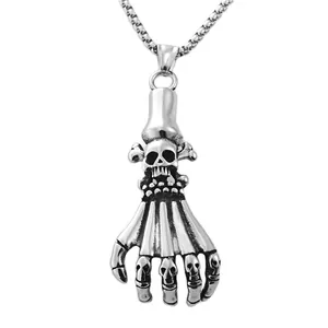 Retro punk titanium steel skeleton hand pendant with skull detail on box chain