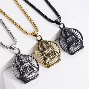 Detailed view of Buddha pendants in gold, silver, and black finishes on square box chains