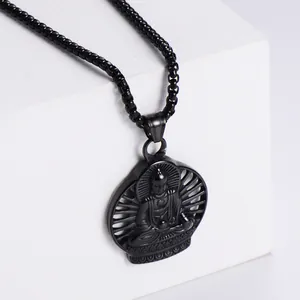 Black stainless steel Buddha pendant necklace with radiant halo and lotus base for men