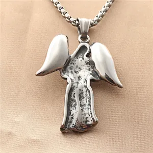 Gothic angel wing pendant necklace in polished stainless steel for men and women