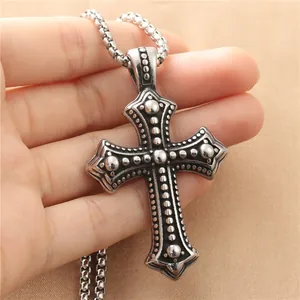 Retro Gotik Edelstahl Kreuzanhänger Halskette mit geprägten Perlen auf Metallkette