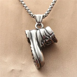 Vintage stainless steel boot pendant necklace for men with detailed box chain design