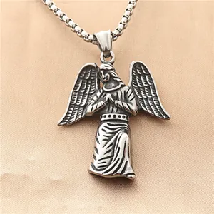 Vintage Stainless Steel Praying Angel Wings Pendant Necklace For Men Women Retro Silver Tone Hip Hop Jewelry Accessory Gift