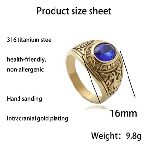 Vintage goudkleurige titaniumstalen ring met blauwe saffier en USA 2017 gravering