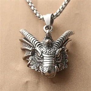 Vintage Stainless Steel Dragon Head Pendant Necklace For Men Gothic Punk Animal Dragon Jewelry Gold Silver Box Chain Necklace
