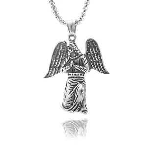 Retro stainless steel angel wing pendant necklace with vintage silver finish on white background
