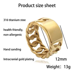 Men's gold titanium steel Cuban link ring with a polished rectangular flat surface