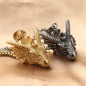 Detailed macro view of vintage dragon head pendants in gold and silver finishes